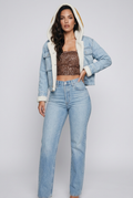 Corrin Contrast Raw Hem Hooded Denim Jacket