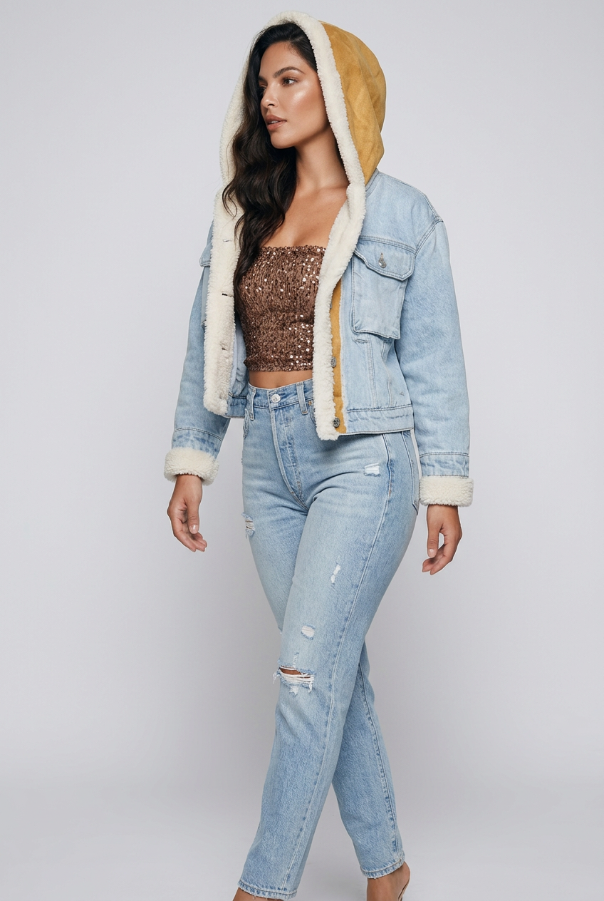 Corrin Contrast Raw Hem Hooded Denim Jacket