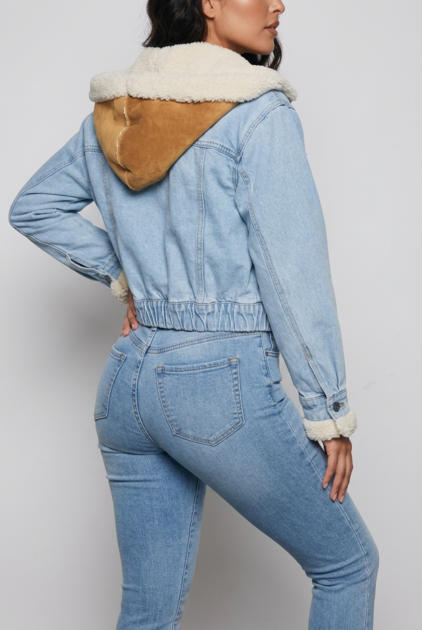 Corrin Contrast Raw Hem Hooded Denim Jacket