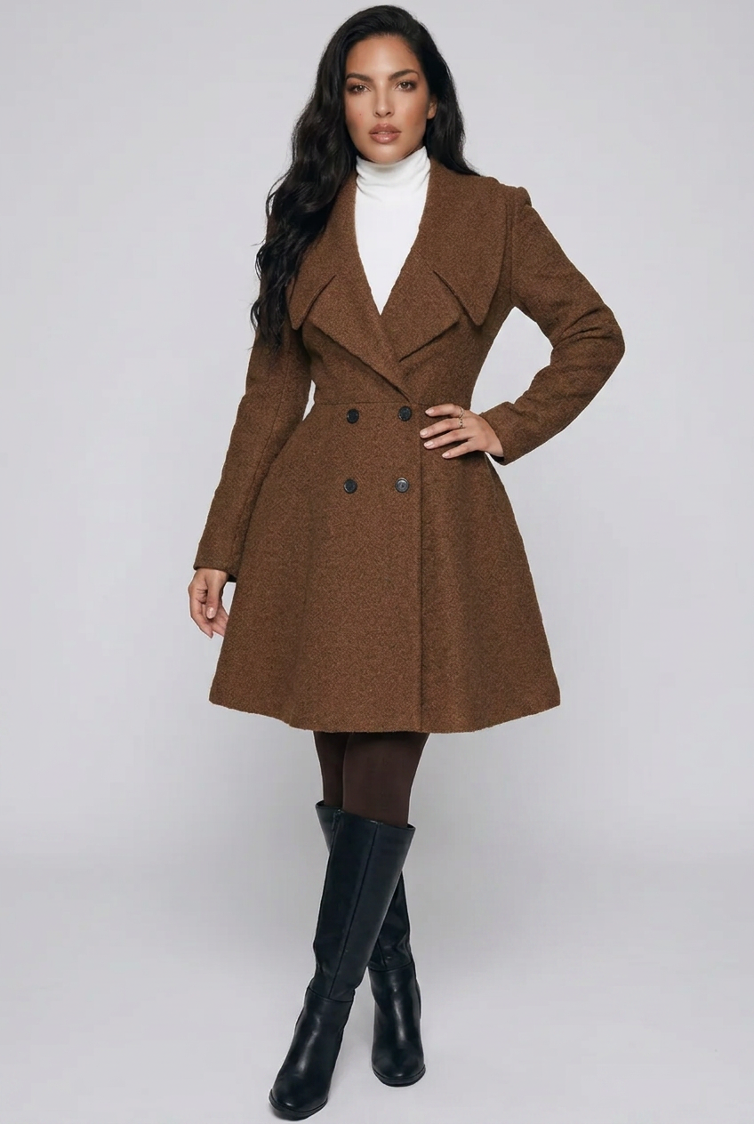 Double-Breasted Fit & Flare Wool Blend Coat