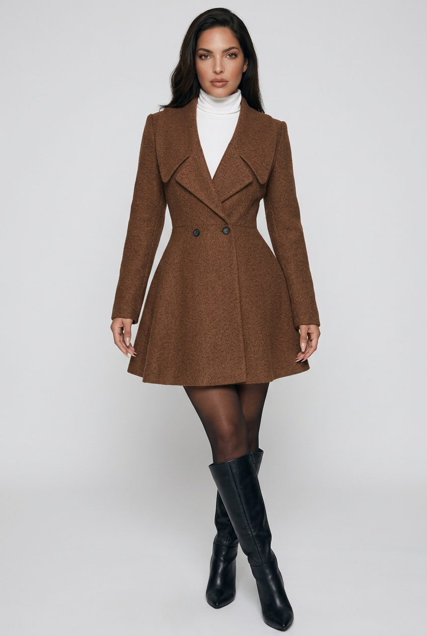 Double-Breasted Fit & Flare Wool Blend Coat