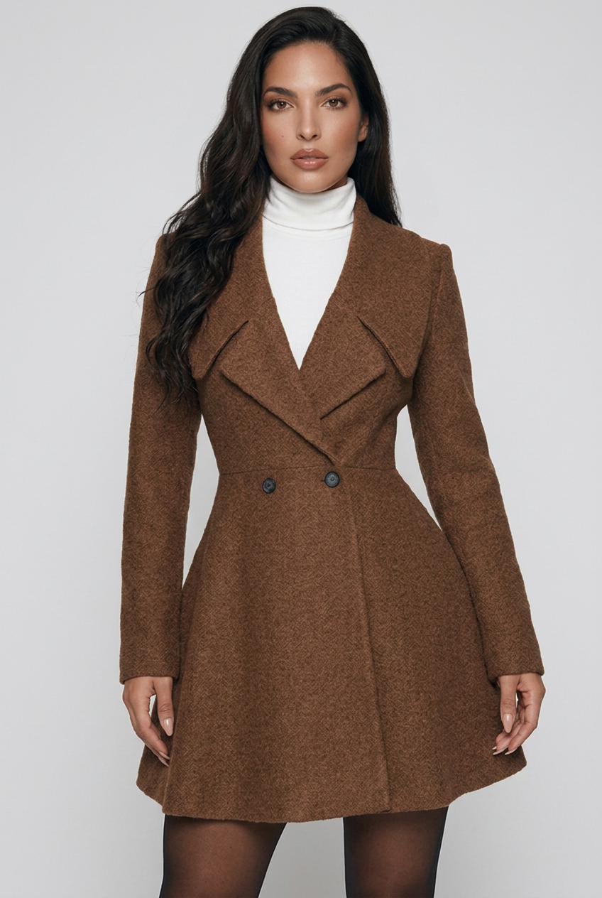 Double-Breasted Fit & Flare Wool Blend Coat