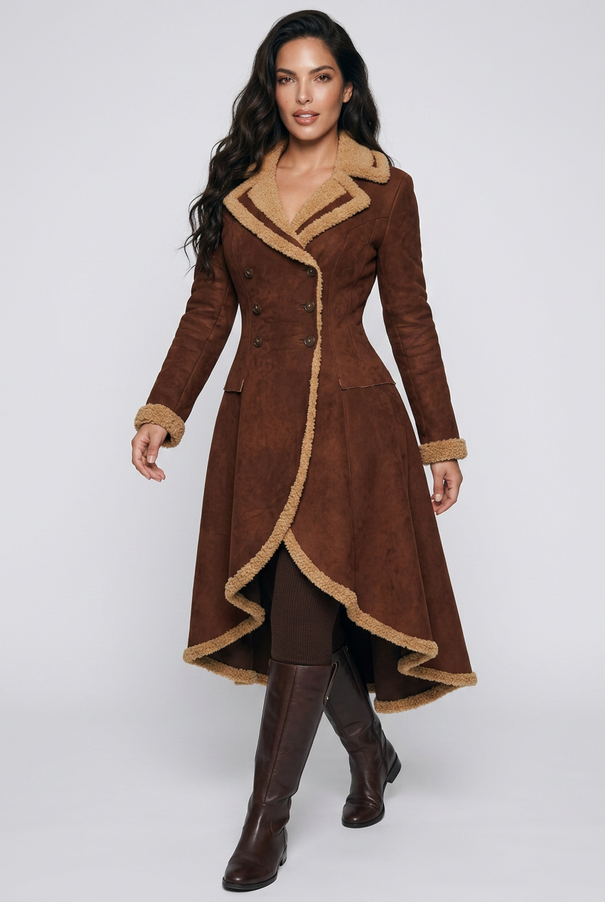Vintage Style Suede Sherpa Trimmed Overcoat