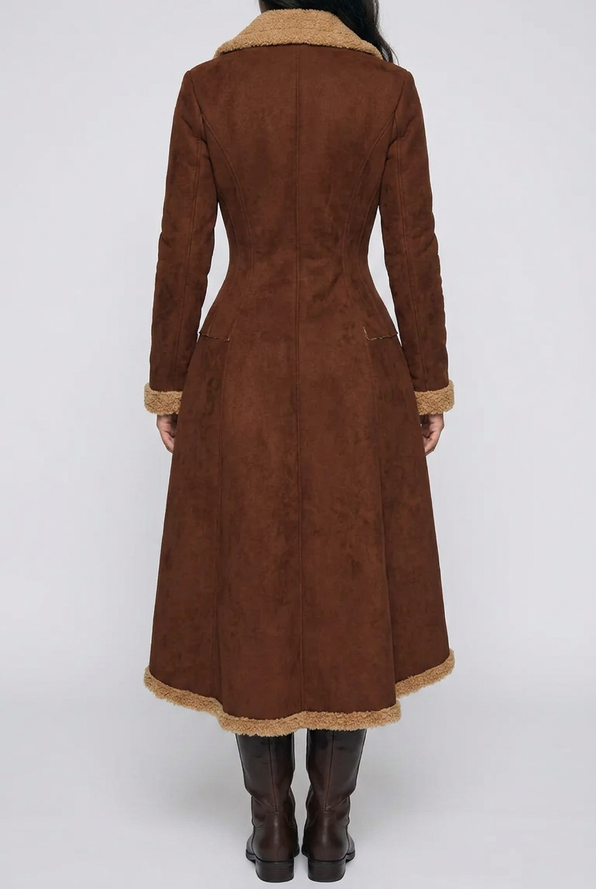Vintage Style Suede Sherpa Trimmed Overcoat