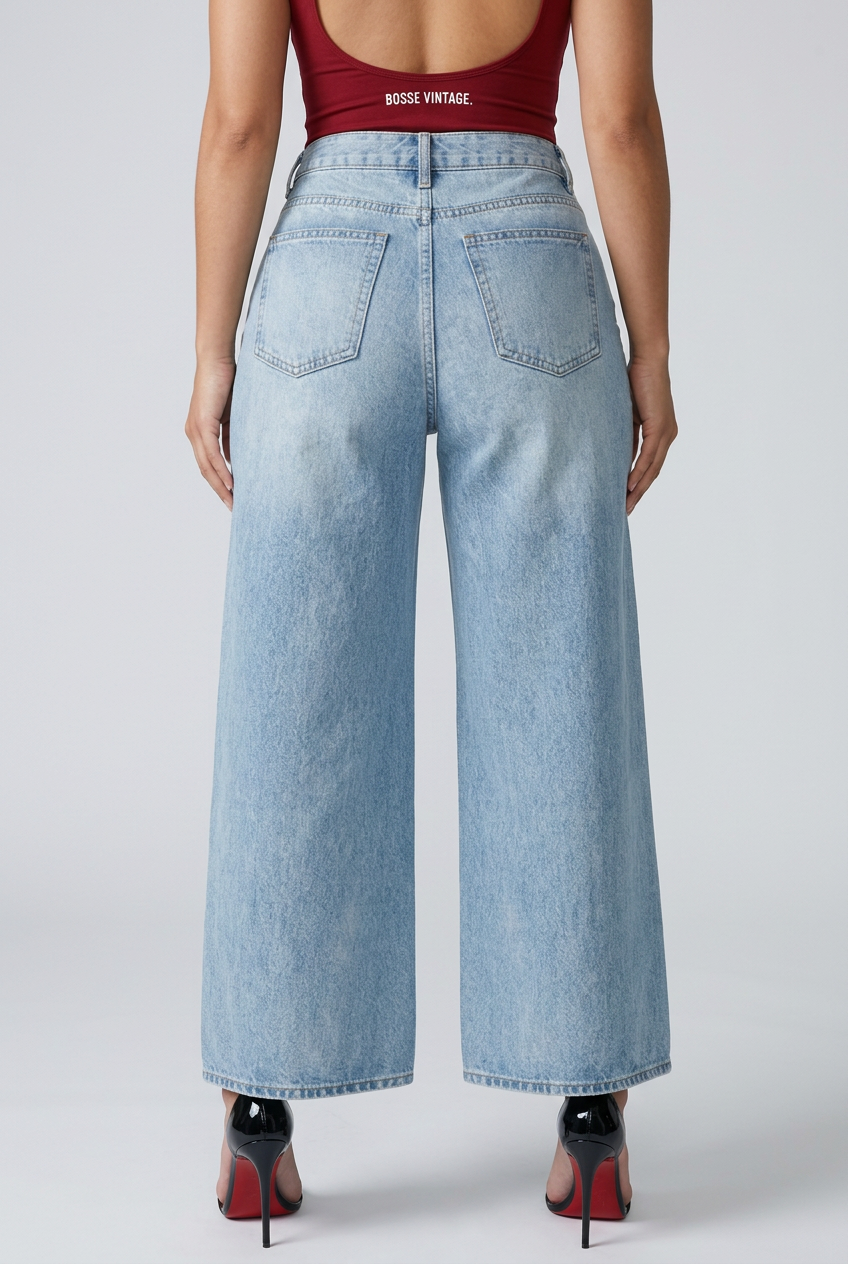 BOSSE Eagle Vintage Wash Distressed Wide Leg Jeans