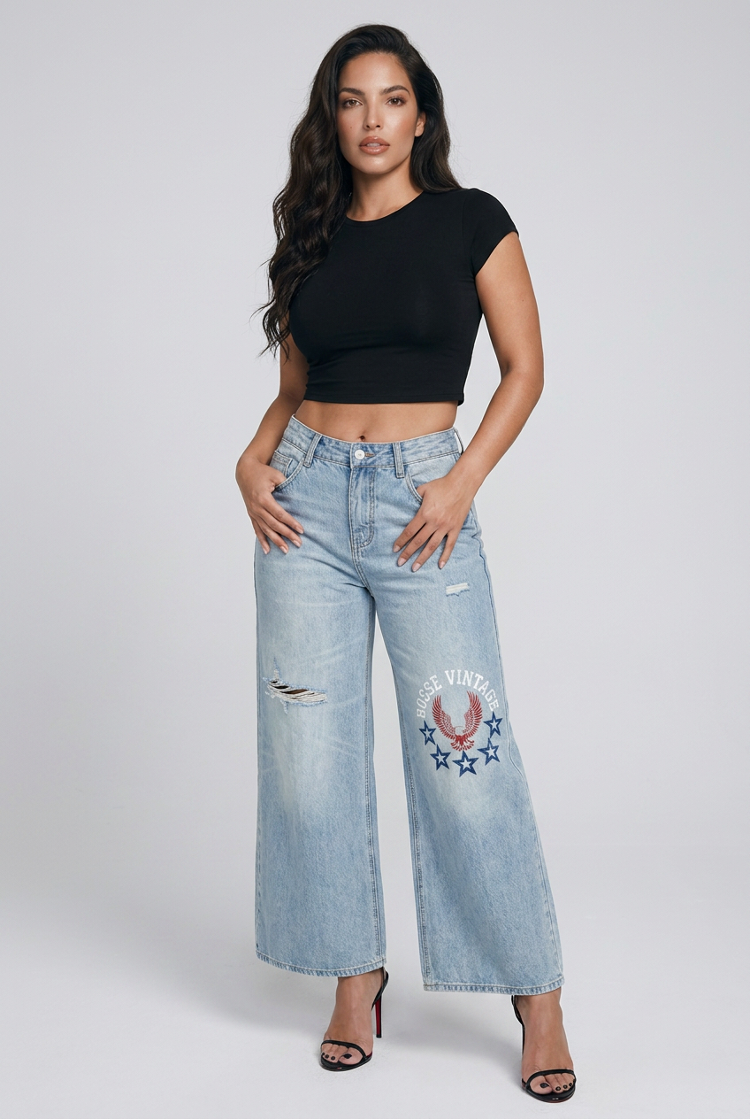 BOSSE Eagle Vintage Wash Distressed Wide Leg Jeans
