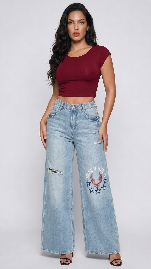 BOSSE Eagle Vintage Wash Distressed Wide Leg Jeans