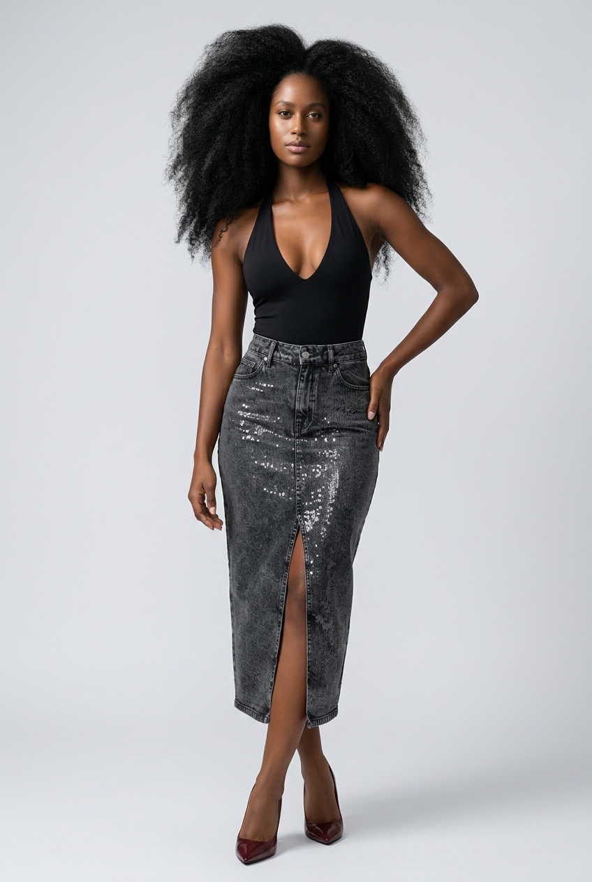 Foil Denim Skirt
