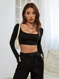 Square Neck Basic Black Long Sleeve T-Shirt