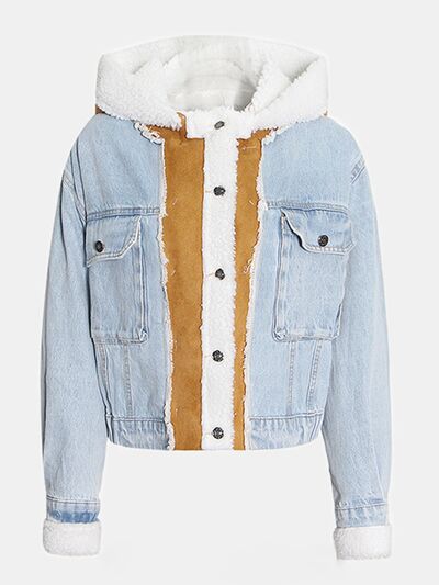 Corrin Contrast Raw Hem Hooded Denim Jacket